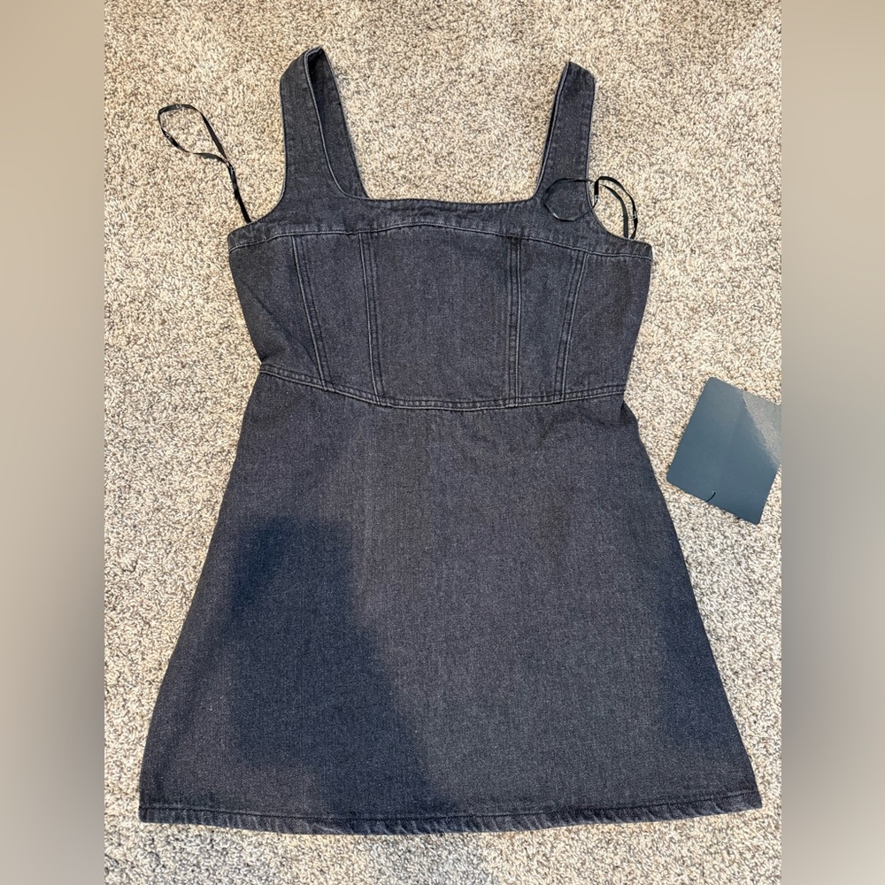 So Delighted Washed Black Denim Corset Seam Mini Dress